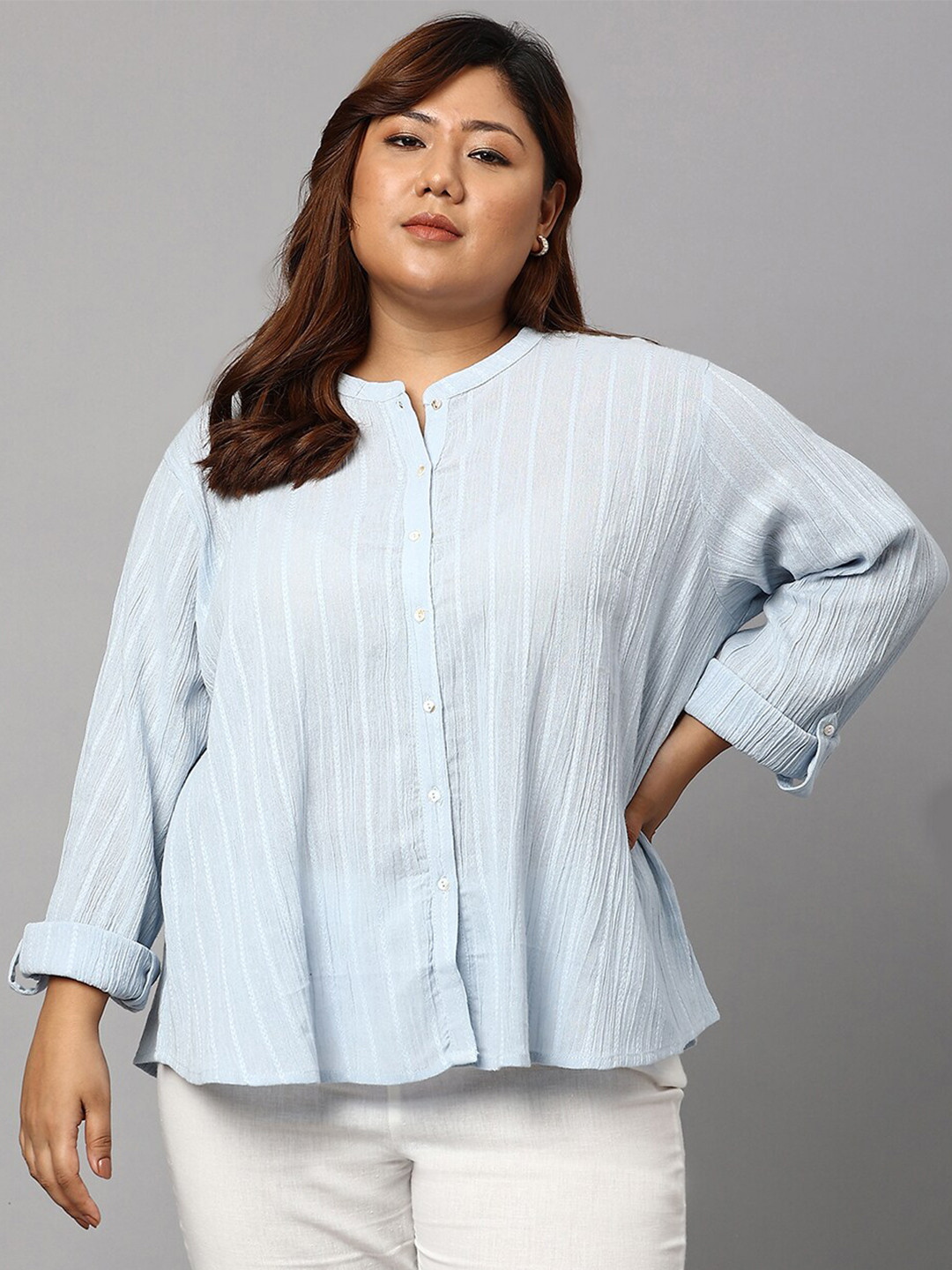 W Blue Striped Mandarin Collar Shirt Style Pure Cotton Plus Size Top