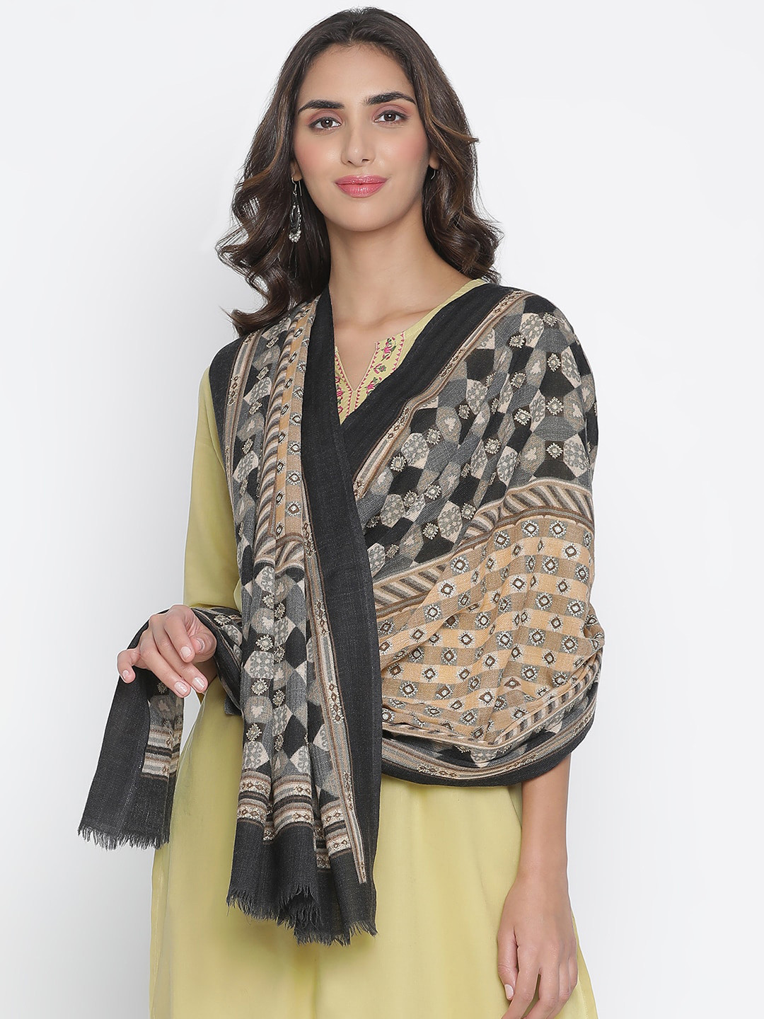 SHINGORA Women Black & Beige Printed  Woolen Shawl
