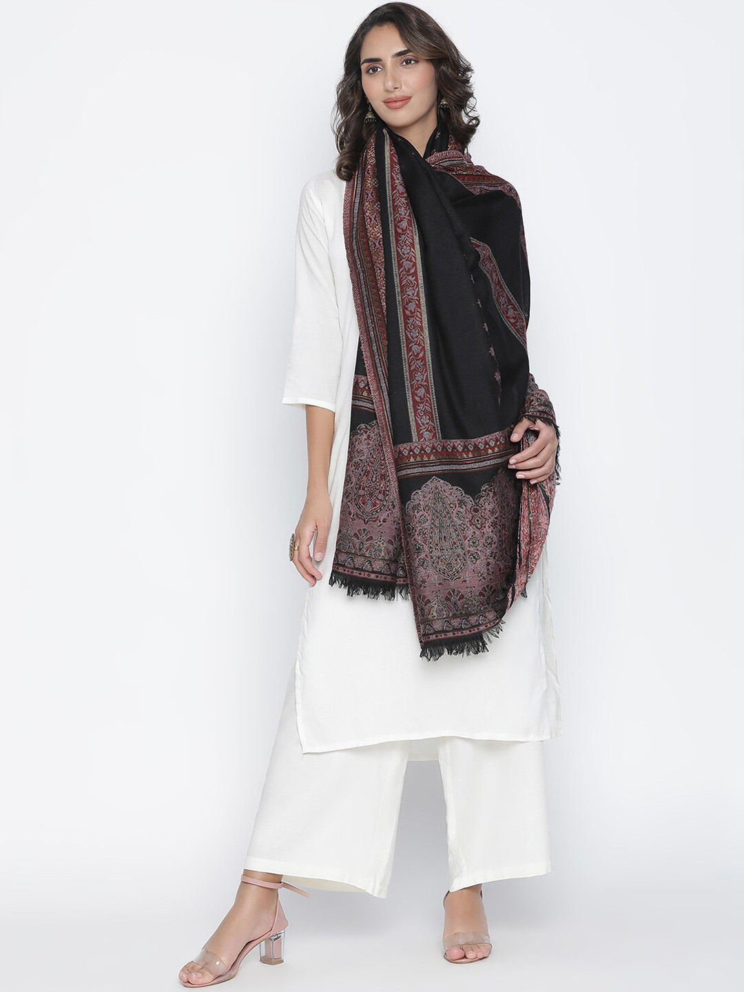 SHINGORA Women Black Paisely Woven-design Woolen Shawl