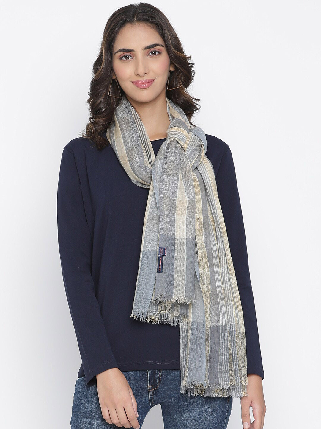 SHINGORA Women Grey Striped Woven Fringed Shawl
