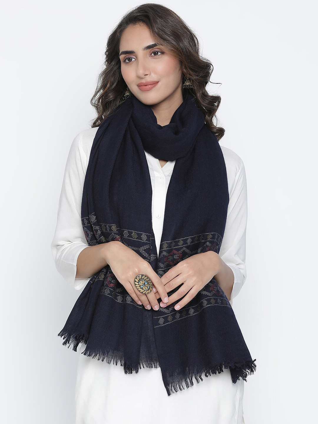 SHINGORA Women Dark Blue Woven Design Shawl