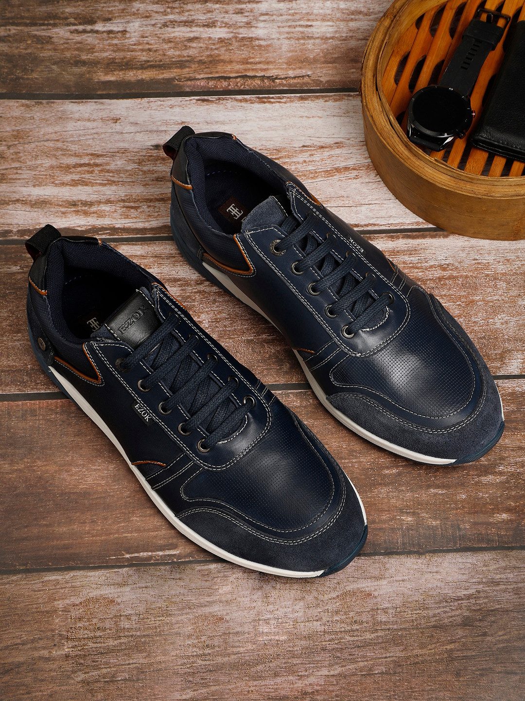 EZOK Men Blue Textured Leather Sneakers