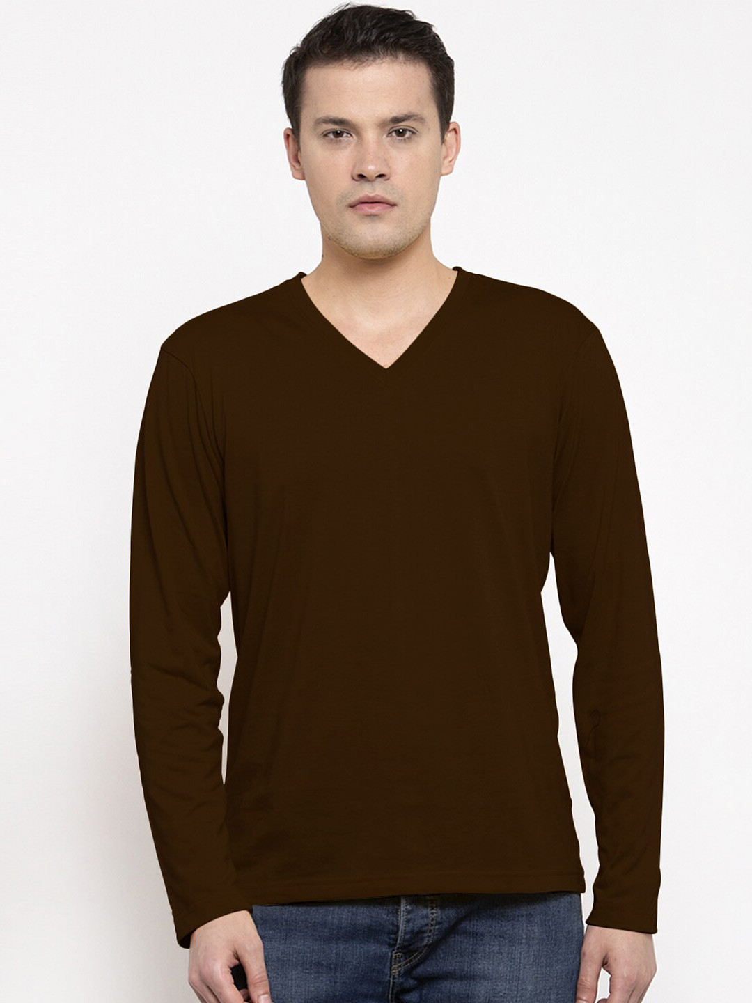 Friskers Men Coffee Brown V-Neck Pure Cotton T-shirt