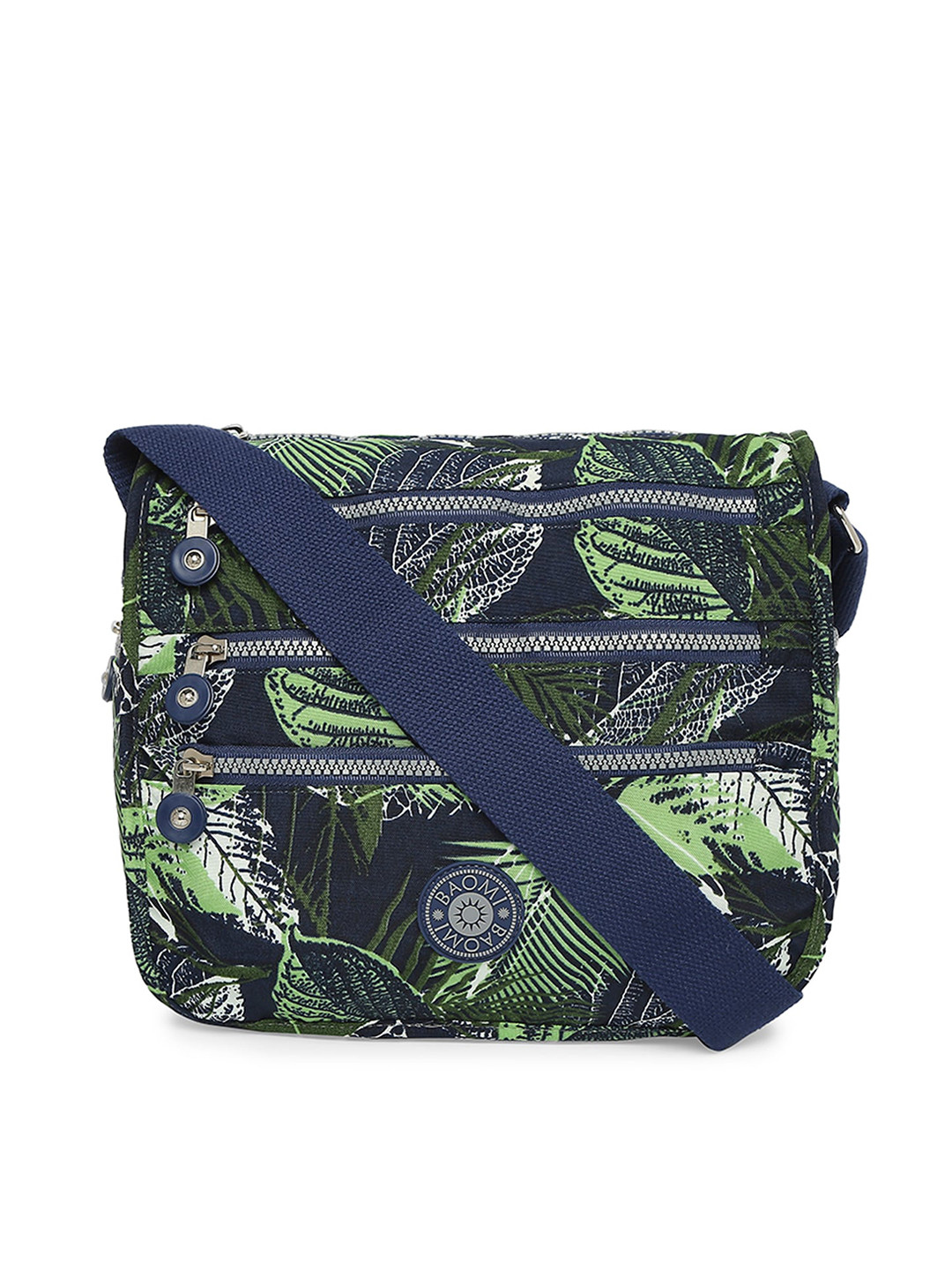 BAOMI Blue Printed Half Moon Sling Bag with Applique