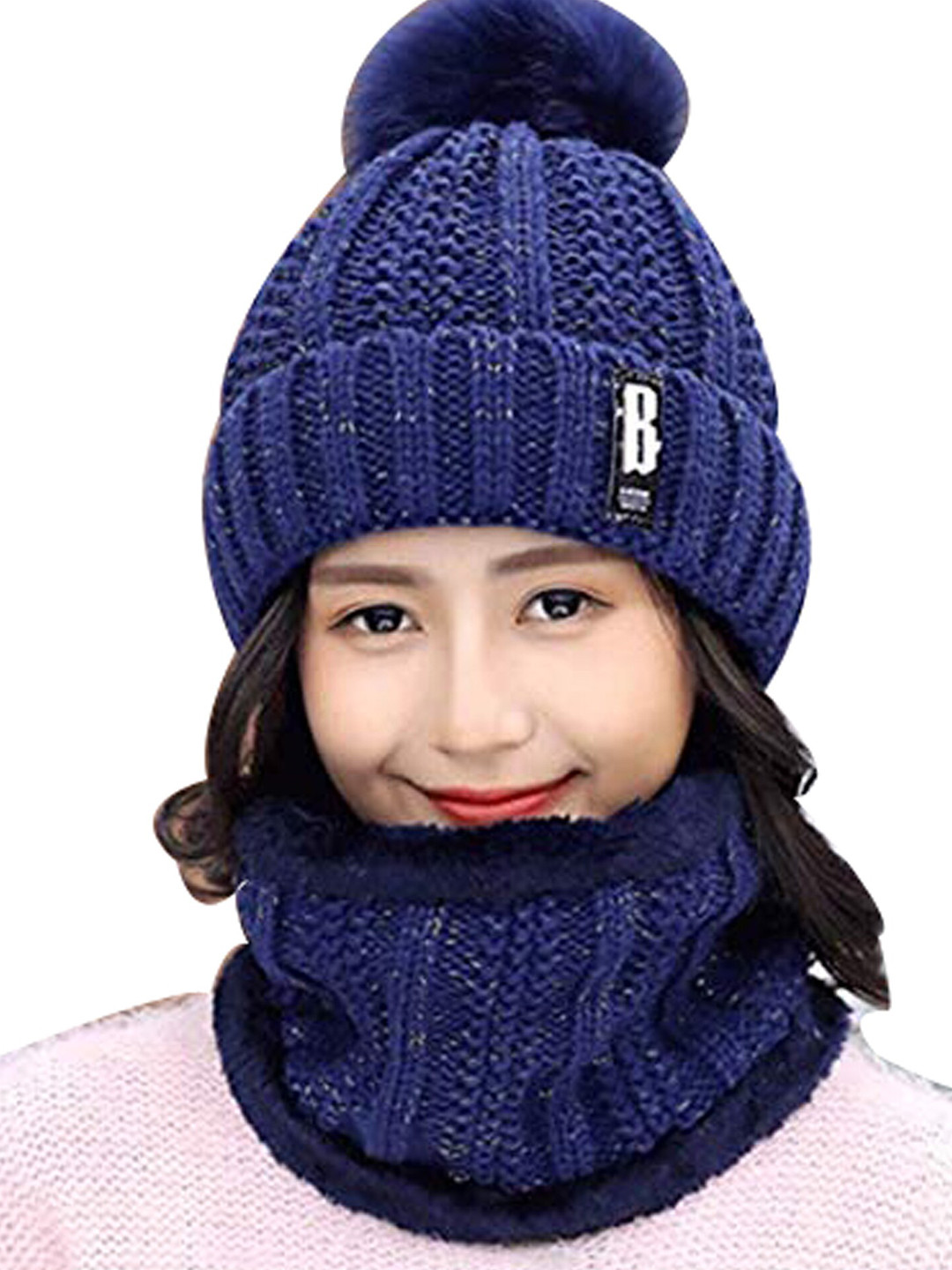Aadikart Women Navy Blue & Black Beanie Neck Muffler