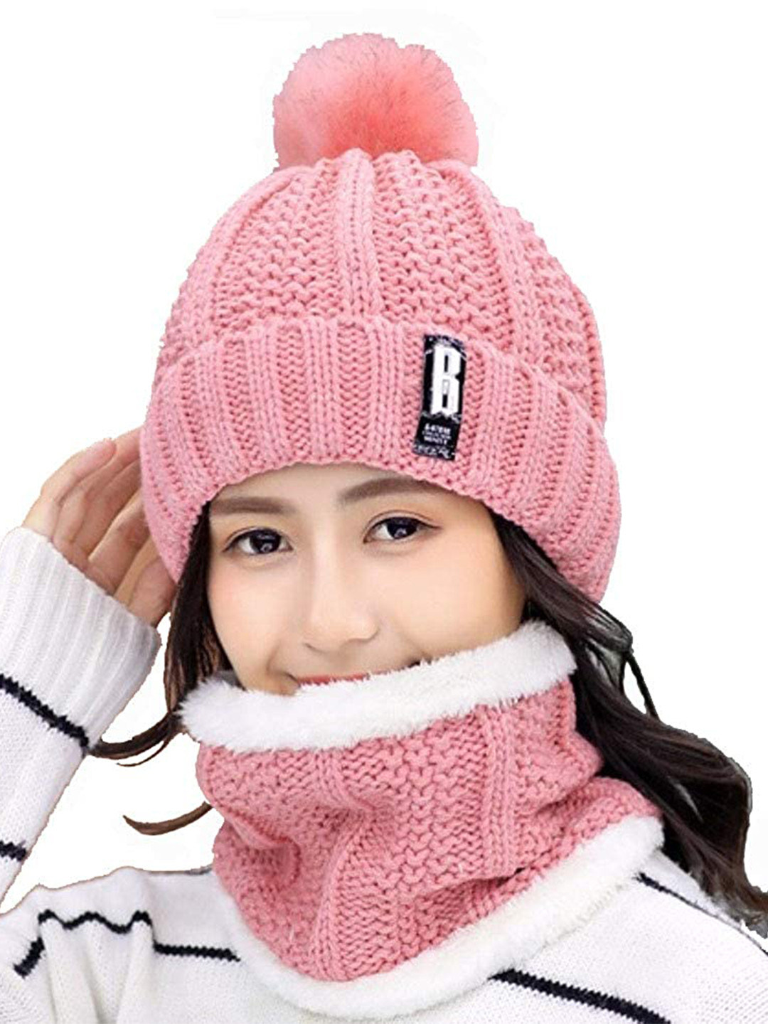 Aadikart Women Pink & White Beanie & Neck Muffler