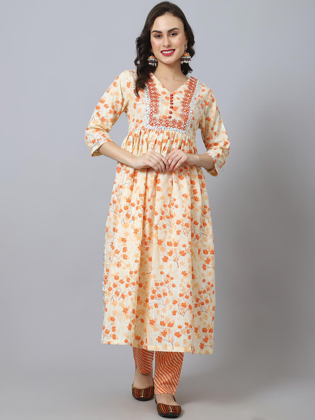 Tulsattva Women Orange Leheriya Yoke Design Mirror Work Kurta with Trouser