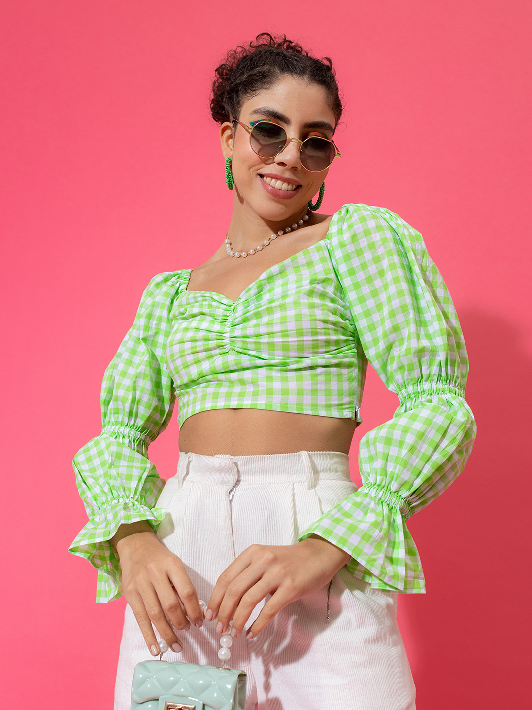 Stylecast X Hersheinbox Pure Cotton Checked Sweetheart Neck Crop Top