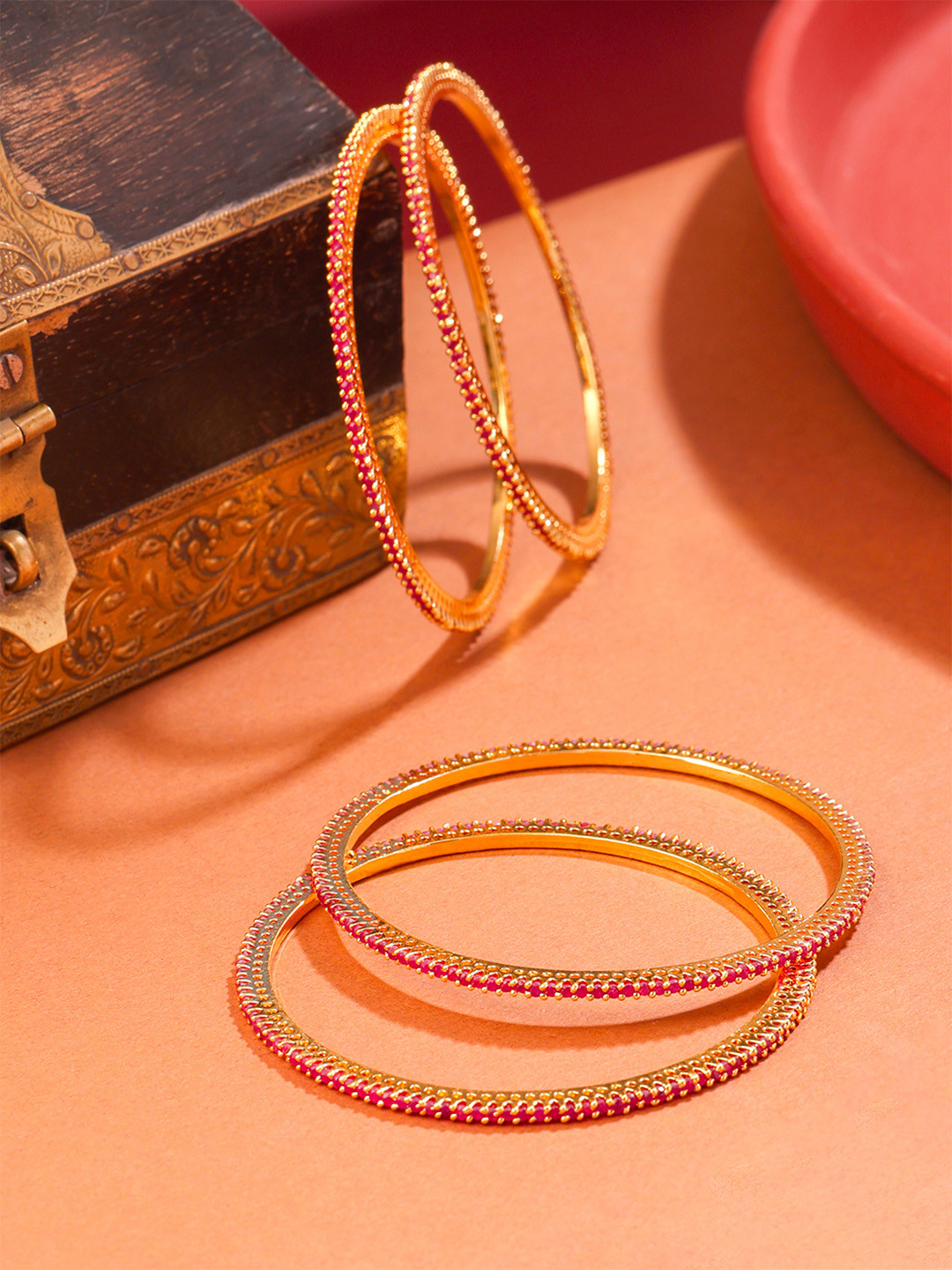 Yellow Chimes Set of 4 Red Gold-Plated American Diamond Studded Bangles