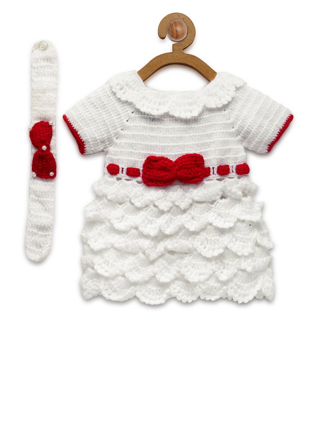 CHUTPUT White & Red Pure Wool Crochet Jumper Dress