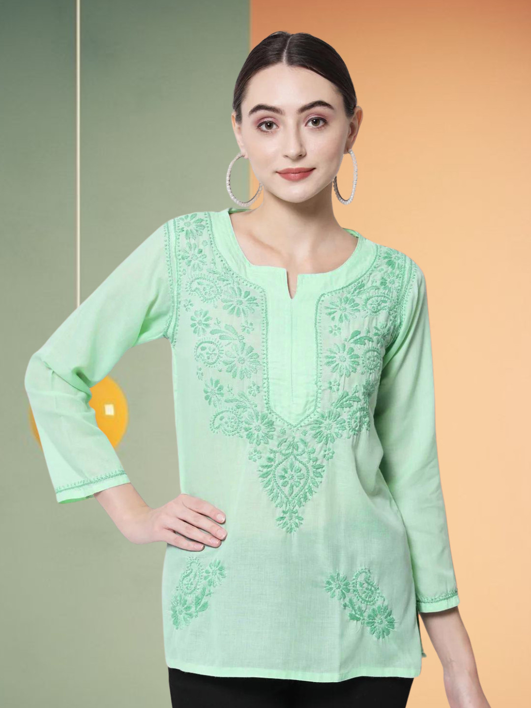 PARAMOUNT CHIKAN Green Ethnic Motifs Embroidered Chikankari Pure Cotton Chikankari Kurti