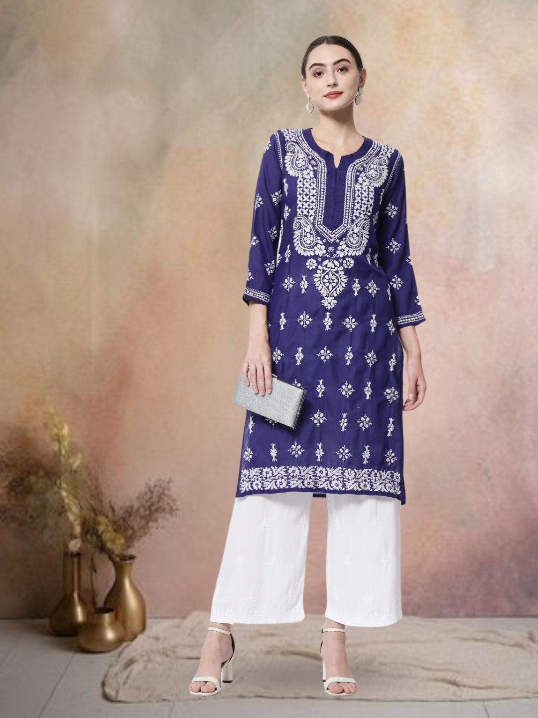 PARAMOUNT CHIKAN Women Navy Blue Ethnic Motifs Embroidered Chikankari Floral Kurta
