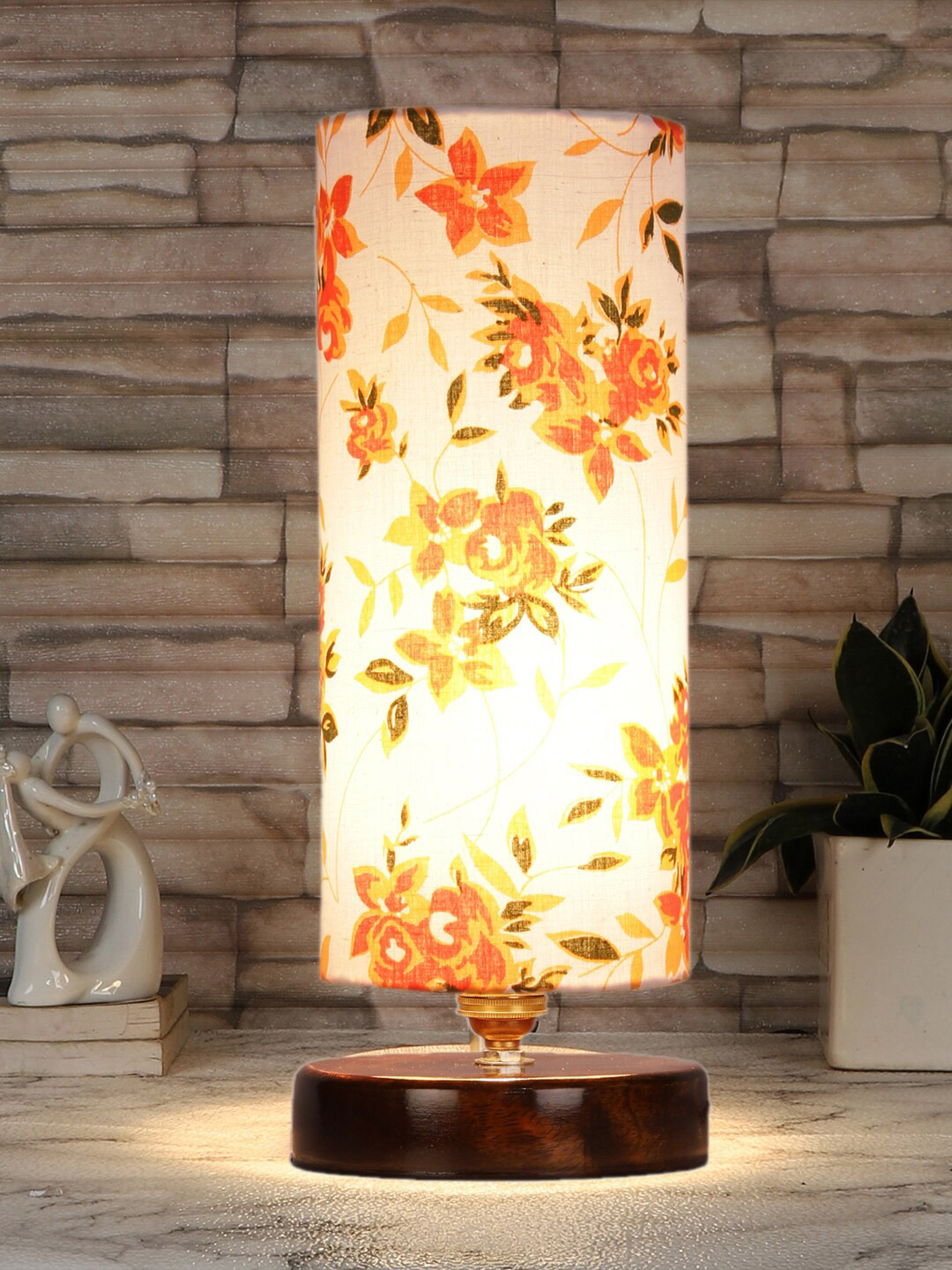 Devansh Yellow & Brown Printed Bedside Standard Table Lamp