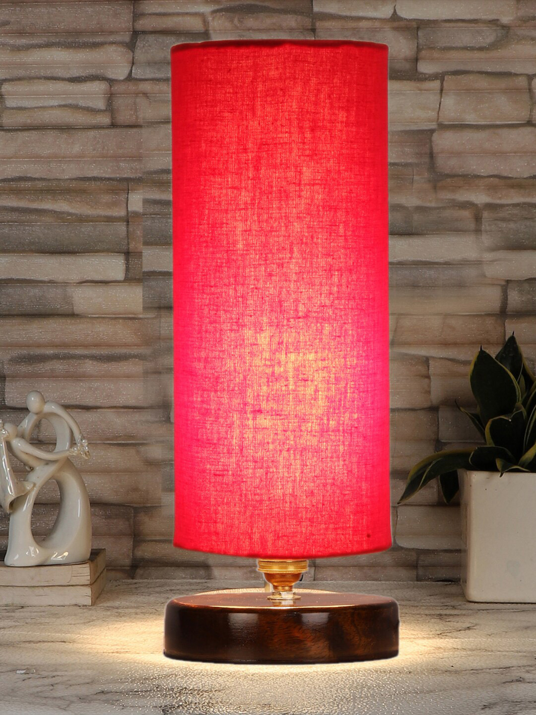 Devansh Red & Brown Textured Wooden Table Lamps