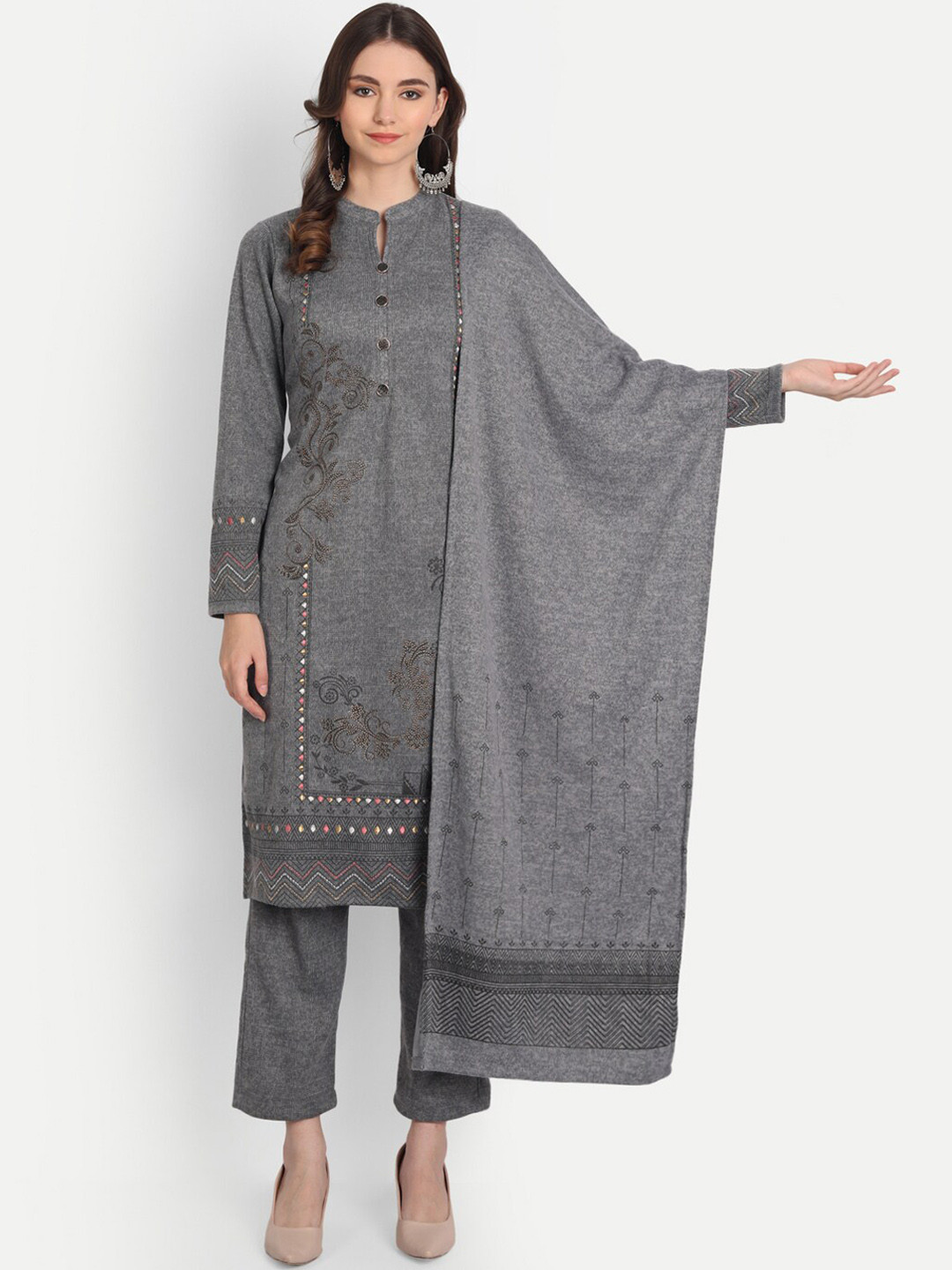 HK colours of fashion Women Grey Embroidered Sequinned Kurta with Trouser & Dupatta