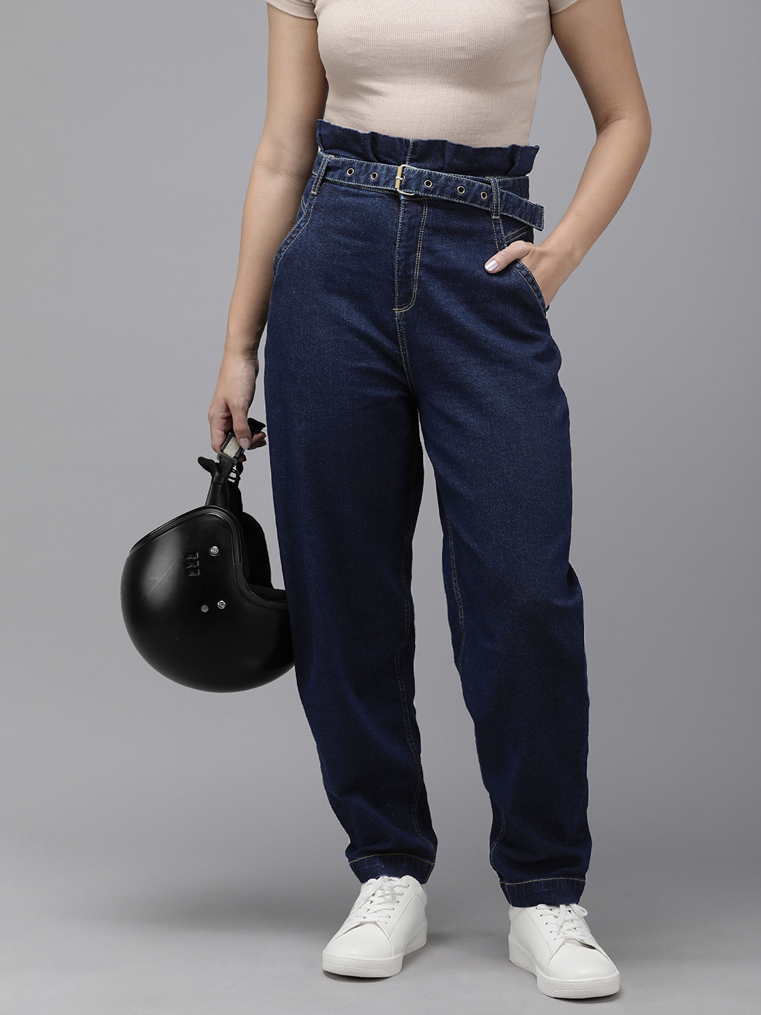 The Roadster Life Co. Women Slouchy Fit High-Rise Stretchable Jeans With Fabric Belt