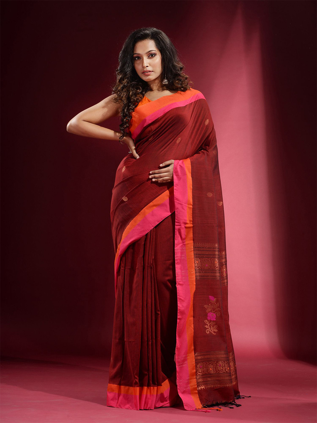 Charukriti Rust & Orange Woven Design Pure Cotton Saree