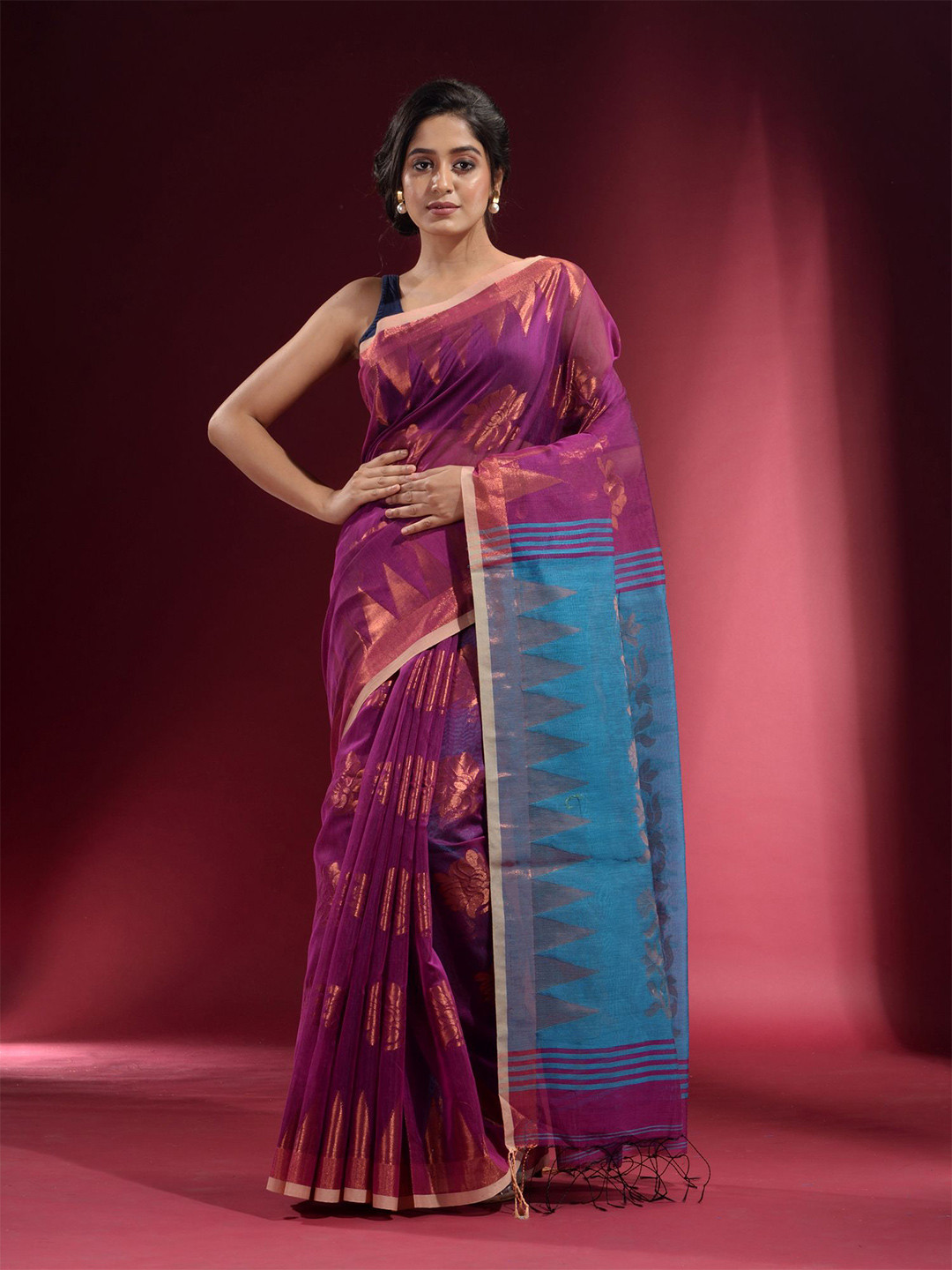 Charukriti Purple & Copper-Toned Woven Design Zari Saree