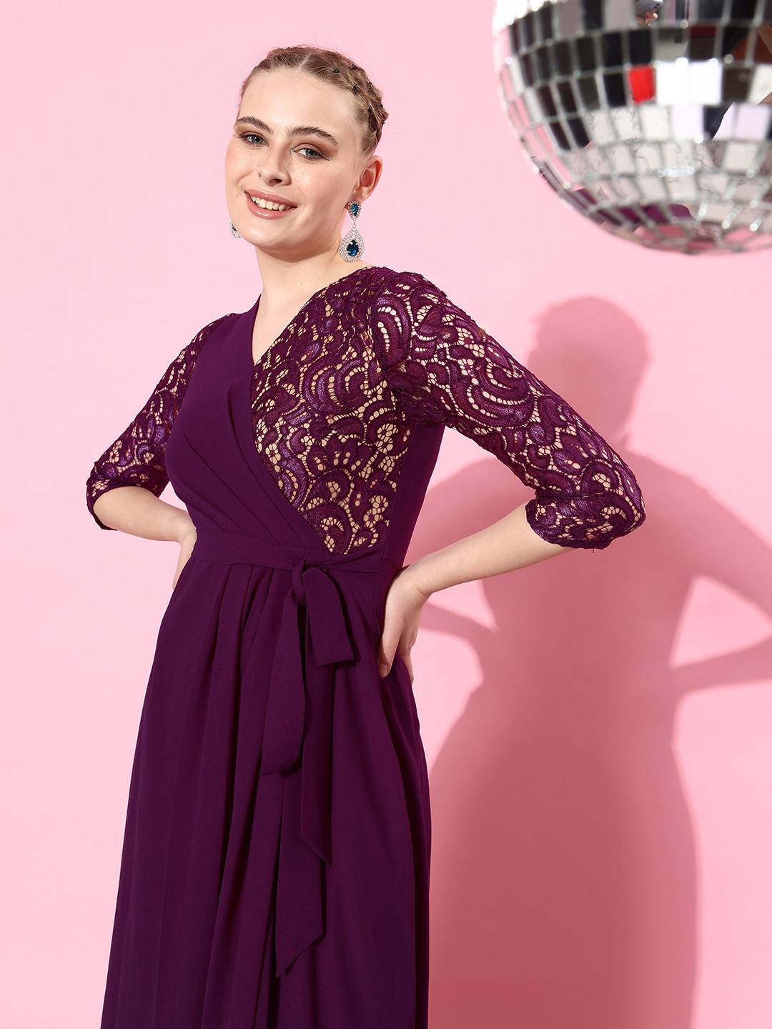 Miss Chase Georgette Lace Inserts Maxi Wrap Dress