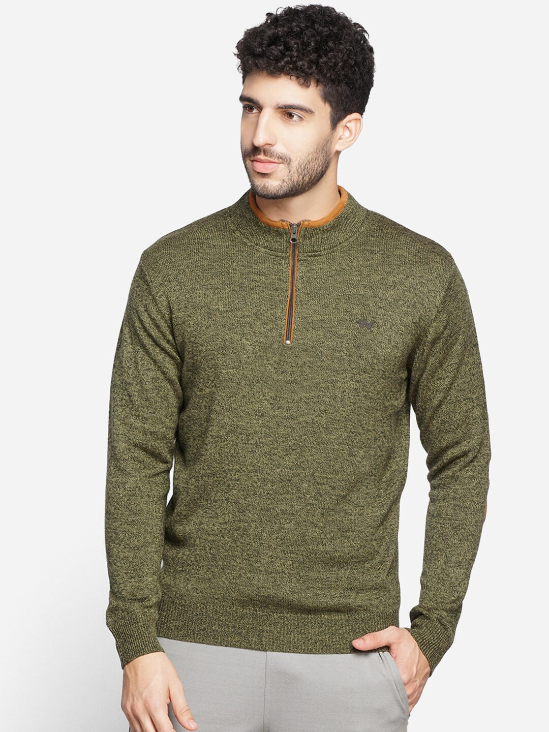 Wildcraft Men Olive Green & Brown Half Zip Acrylic Sweater