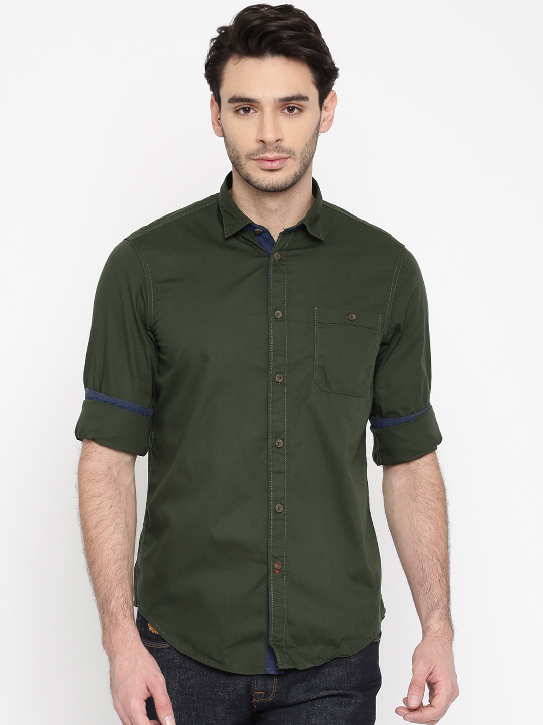 Olive green shirt cheap with dark blue jeans