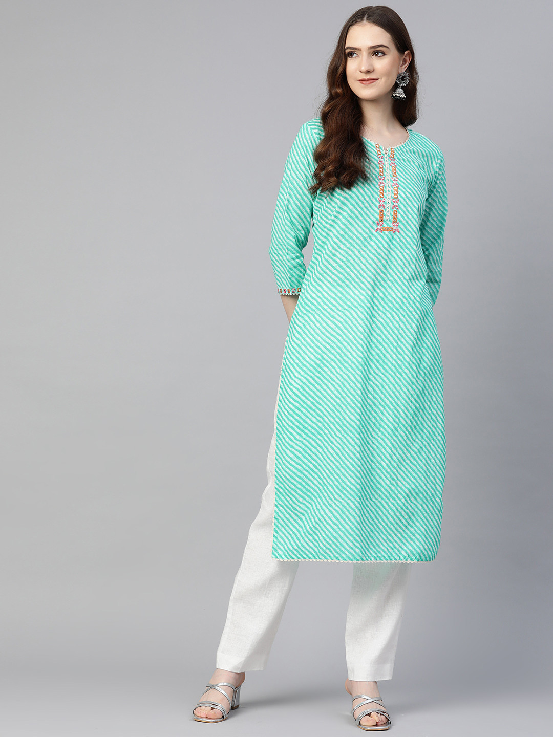 Readiprint Women Sea Green Pure Cotton Leheriya Embroidered Thread Work Kurta