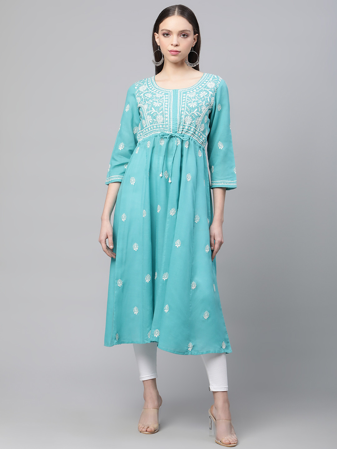 akheri Women Floral Embroidered Chikankari Anarkali Kurta with Waist Tie-Ups