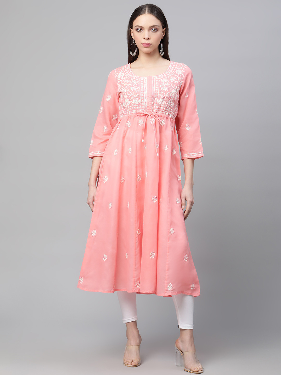 akheri Women Floral Embroidered Chikankari Anarkali Kurta with Waist Tie-Ups