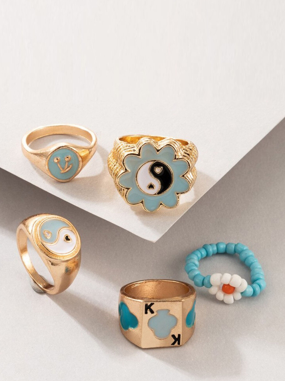 Fashion Frill Set Of 5 Gold-Plated Blue Designer Finger Ring