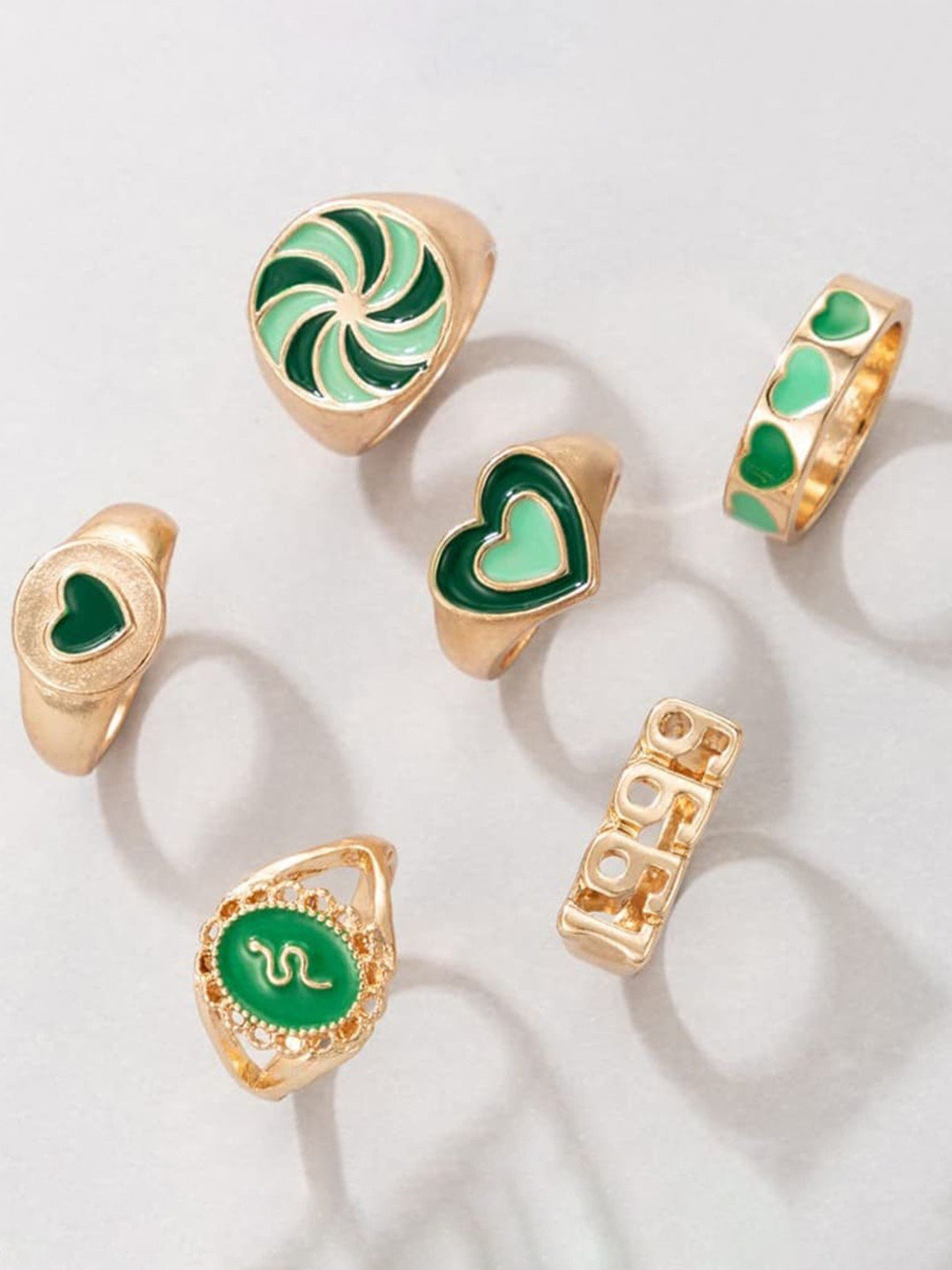Fashion Frill Set Of 6 Gold-Plated Green Designer Finger Ring