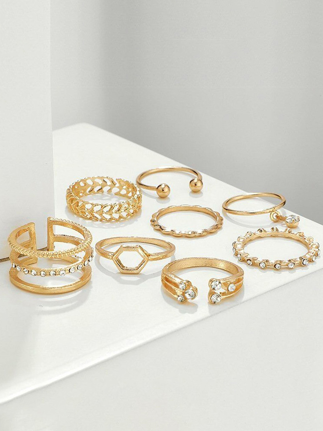 Fashion Frill Set of 8 Gold-Plated Adjustable Finger Rings