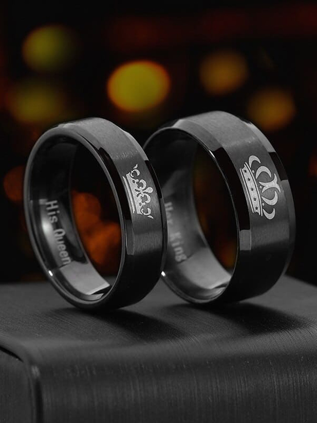 Fashion Frill Set Of 2 Silver-Plated Black King Queen  Couple Finger Ring