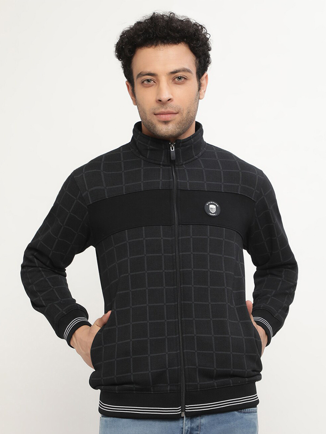 Octave Men Navy Blue Checked Fleece Sweatshirt