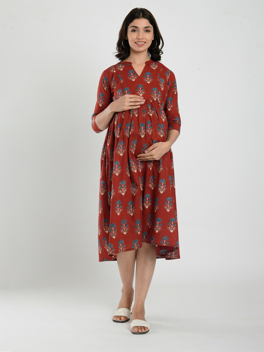 CRAFIQA Maroon & Yellow Ethnic Motifs Ethnic Maternity & Nursing Midi Dress