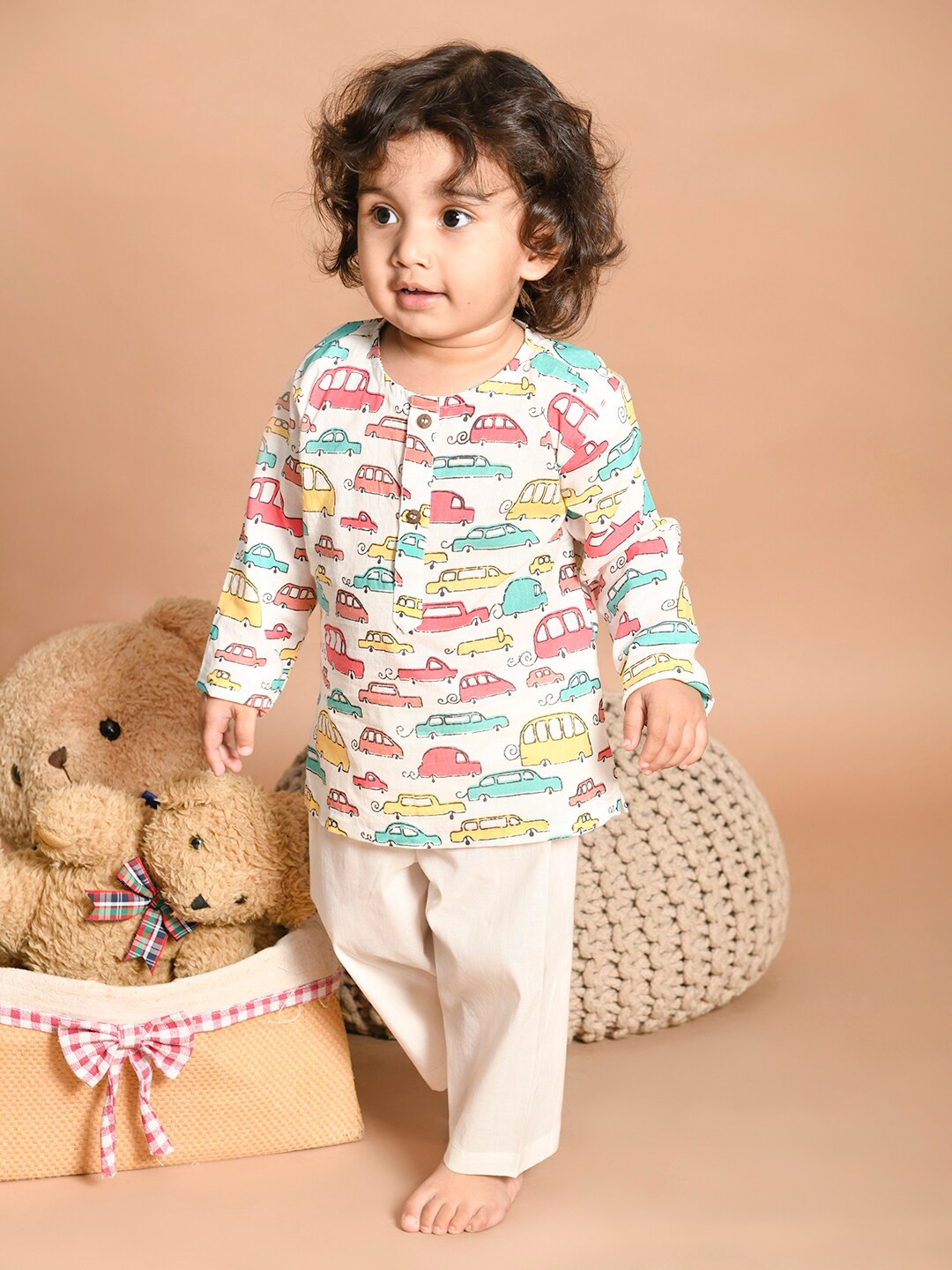 LIL PITAARA Unisex Kids Red Printed Pure Cotton Kurta with Pyjamas