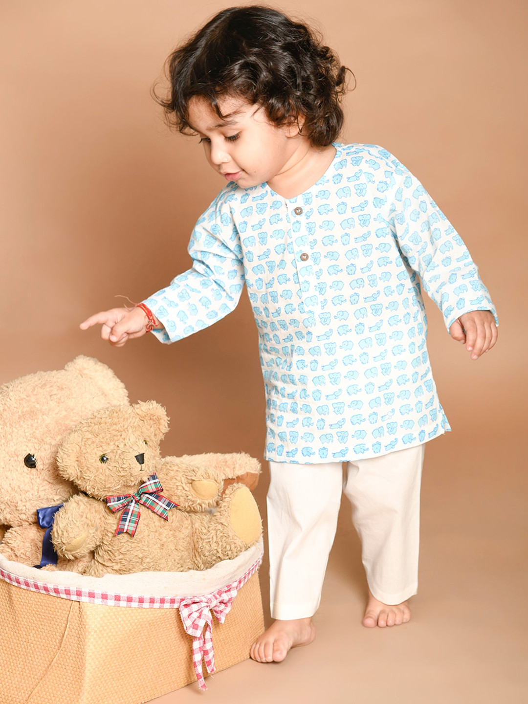 LIL PITAARA Unisex Kids Blue Animal Printed Pure Cotton Kurti with Pyjamas