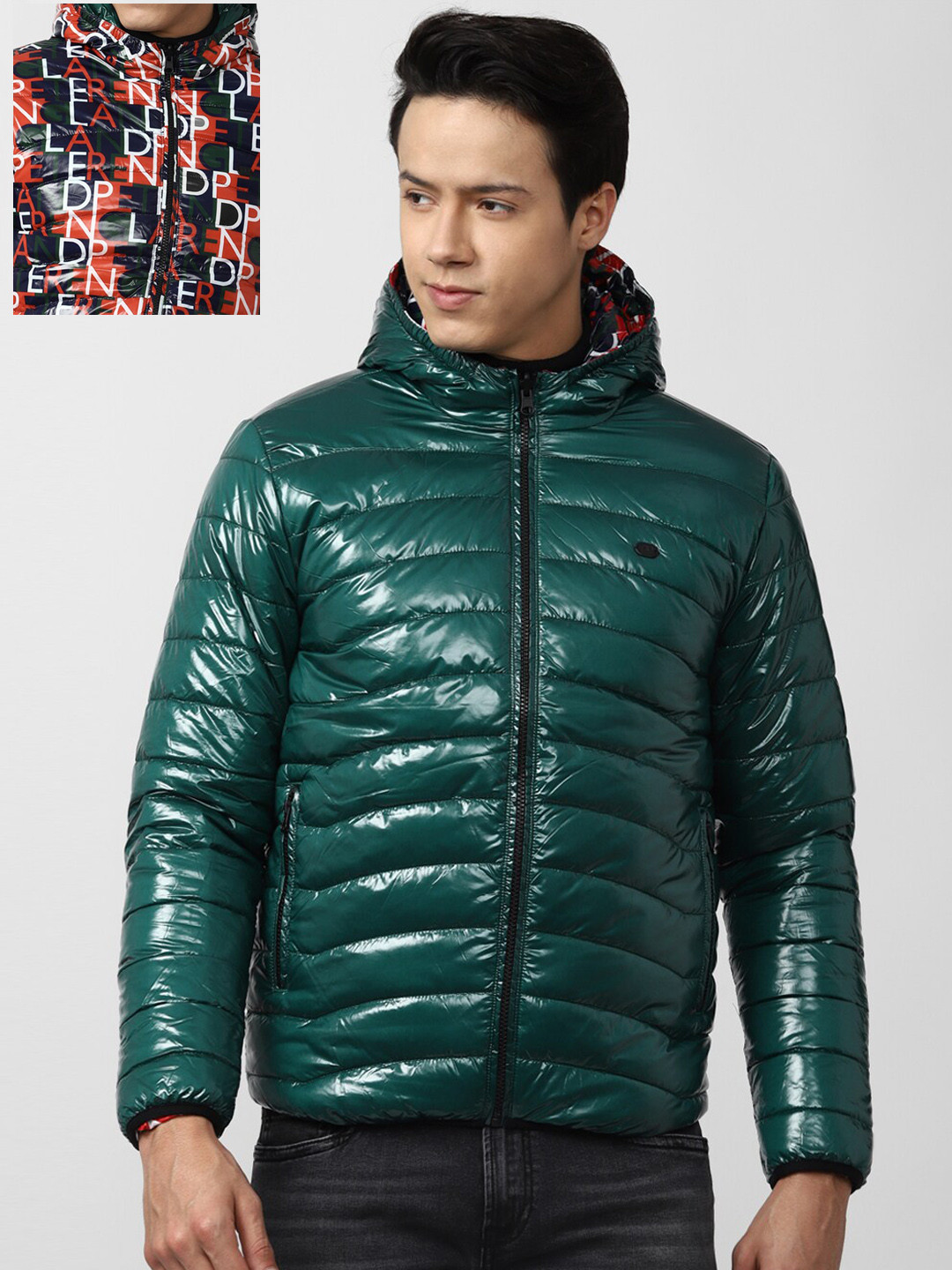Peter England Casuals Men Green Black Reversible Hodded Puffer Jacket
