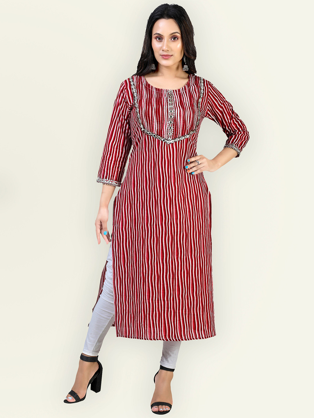 Jevi Prints Women Red & White Pure Cotton Printed Mirror Work Kurta