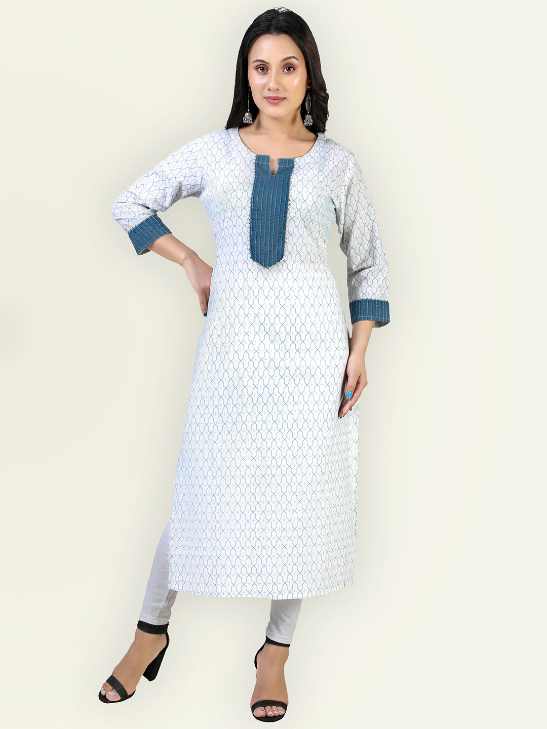 Jevi Prints Women White & Blue Pure Cotton Geometric Printed Gotta Patti Kurta