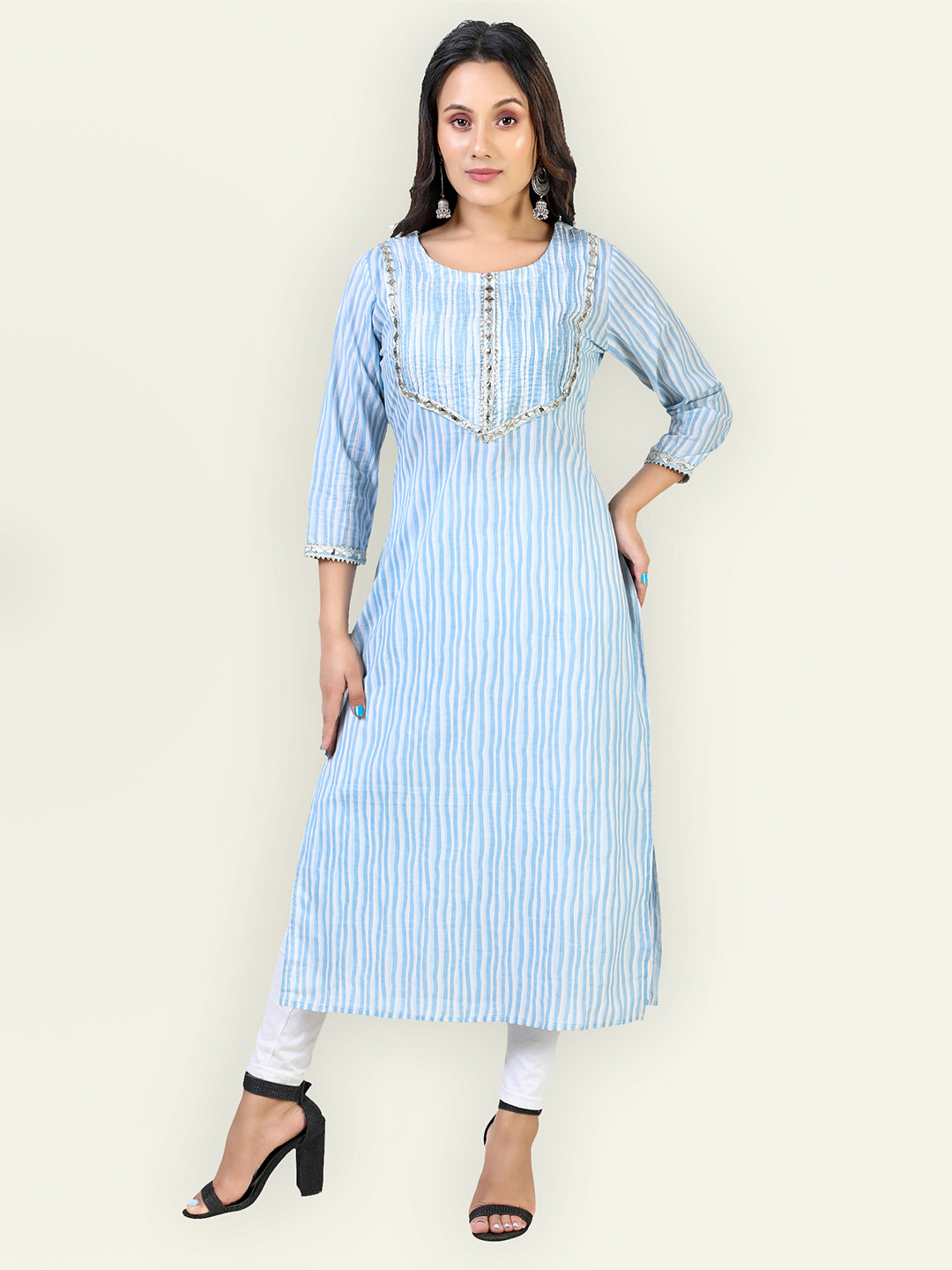 Jevi Prints Women White & Blue Pure Cotton Printed Gotta Patti Kurta
