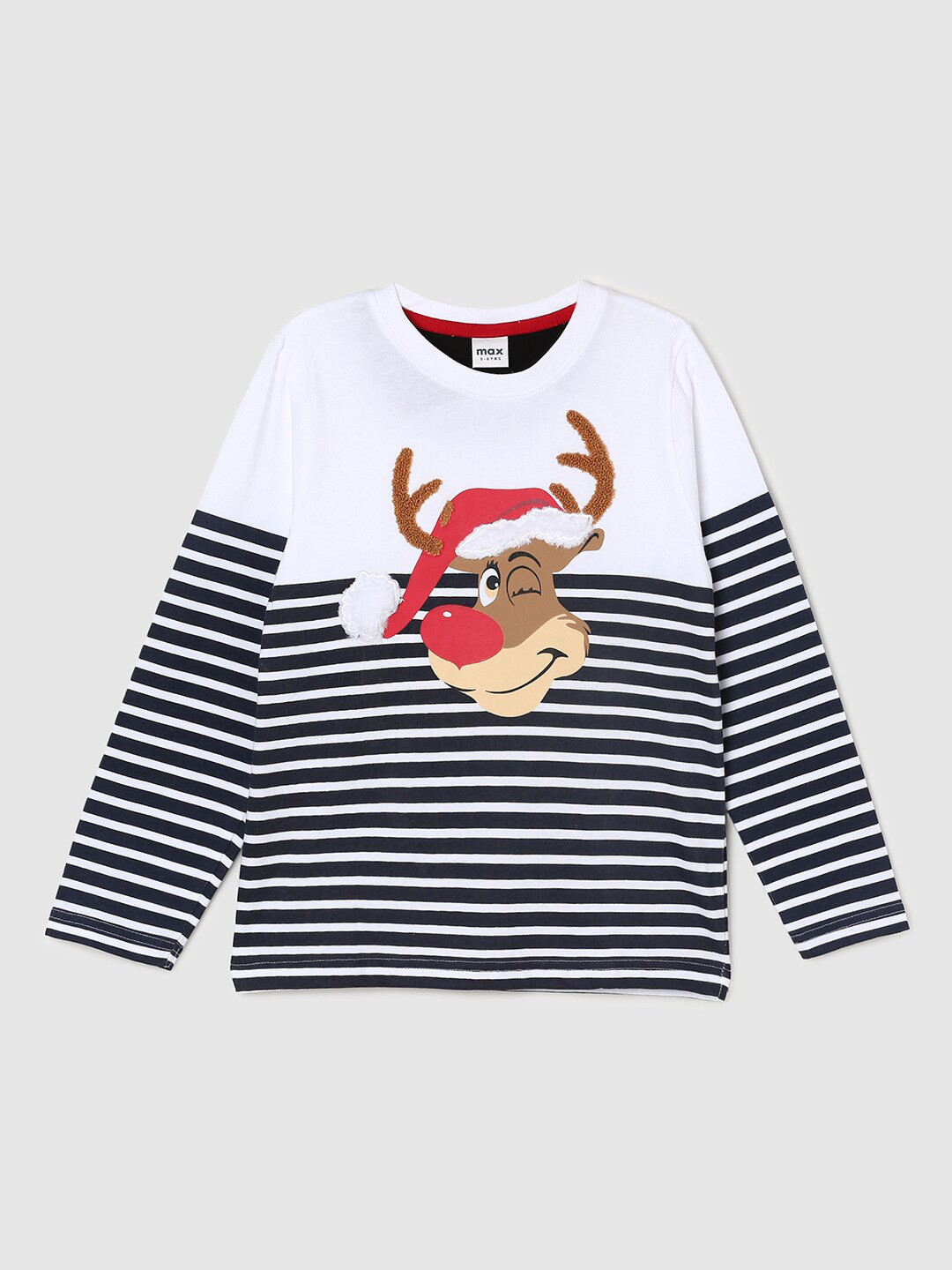 max Boys White Striped Applique Cotton T-shirt
