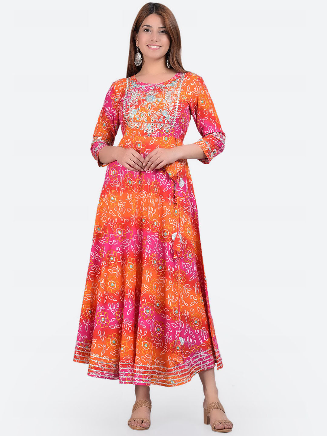 KALINI Boat Neck Bandhani Printed Anarkali Kurta
