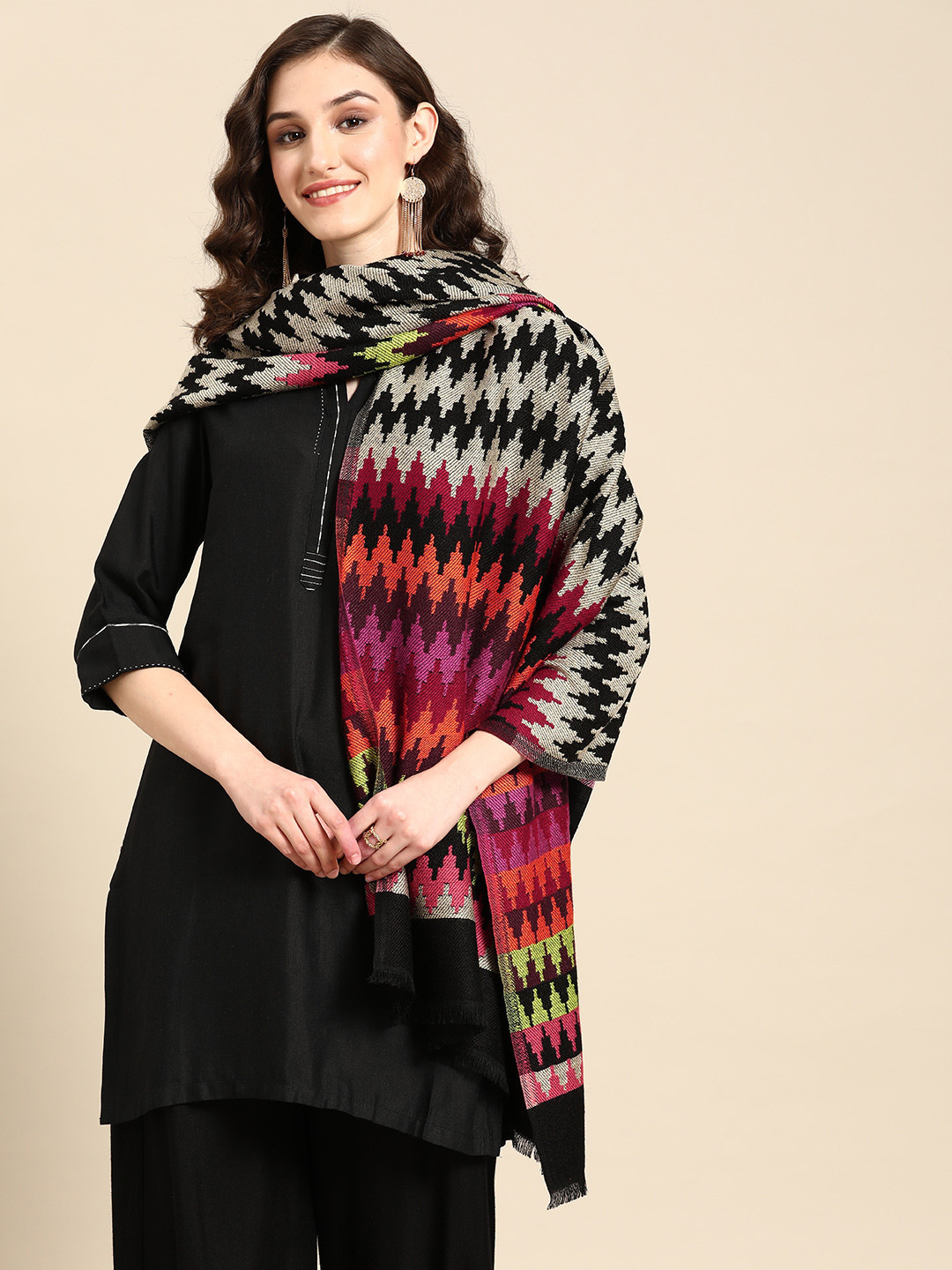 Sangria Women Multicoloured Woven Design Geometric Printed Stole