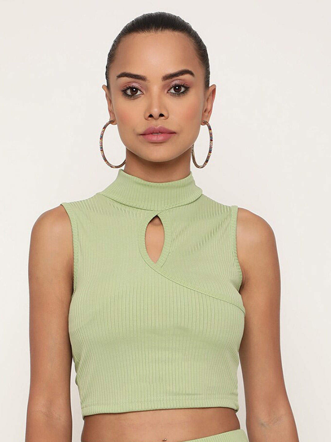 Sugathari Women Green Keyhole Neck Sheen Crop Top