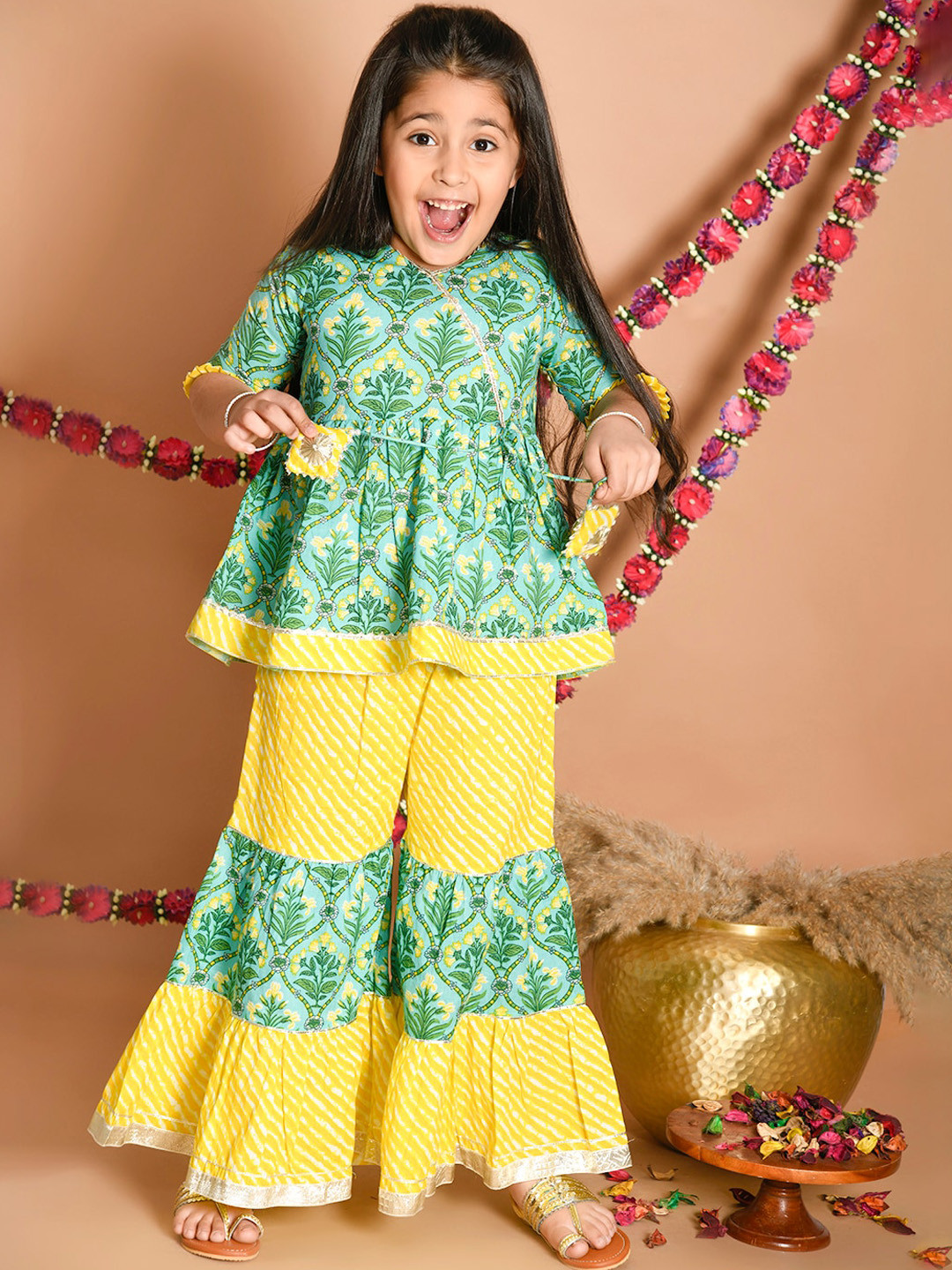 LIL PITAARA Girls Green Floral Printed Angrakha Gotta Patti Pure Cotton Kurti with Sharara