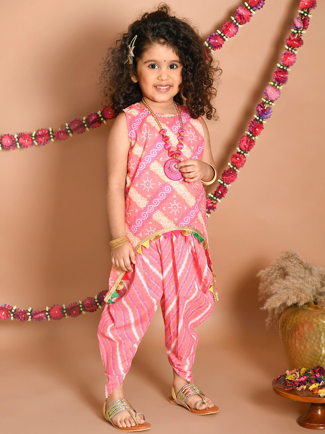 LIL PITAARA Girls Orange Floral Printed Gotta Patti Pure Cotton Kurti with Dhoti Pants