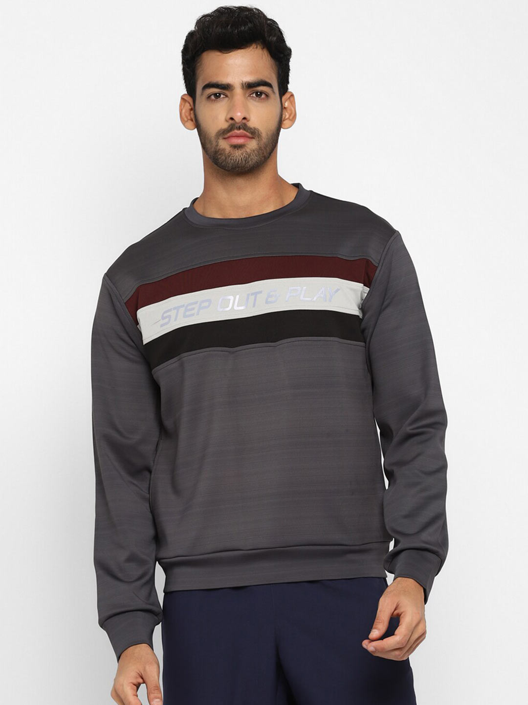 NIVIA Men Grey Striped Dry Fit Sweatshirt