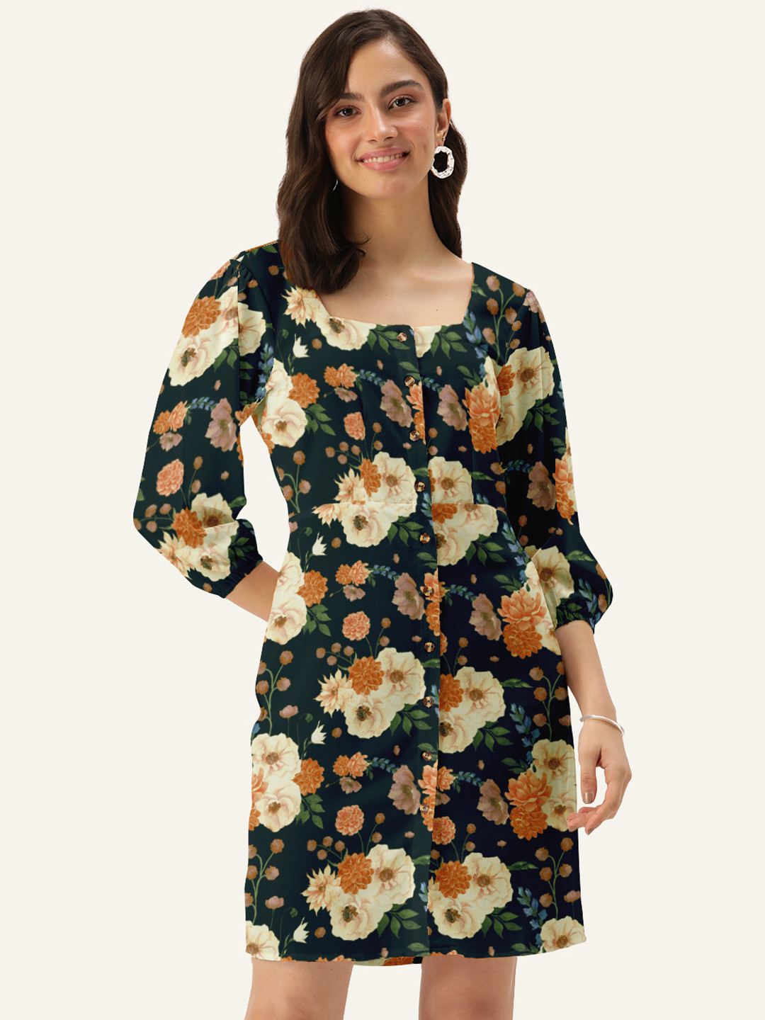 DressBerry Women Green Square Neck Floral Sheath Dress