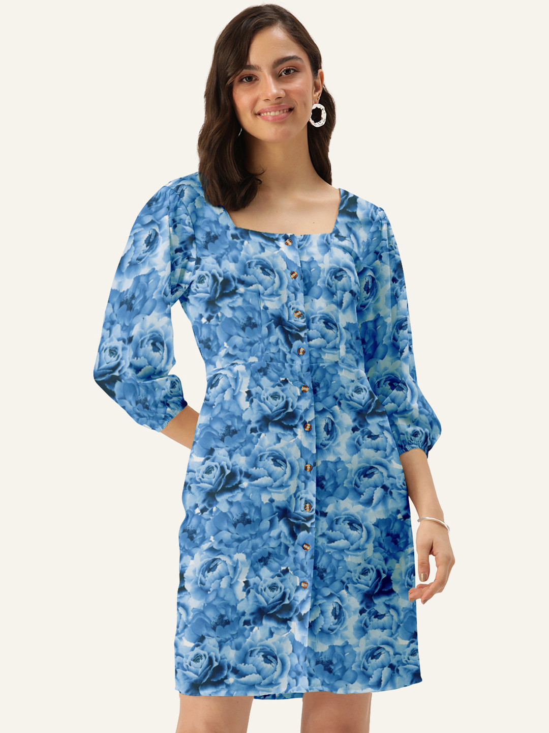 DressBerry Women Blue Square Neck Floral Sheath Dress