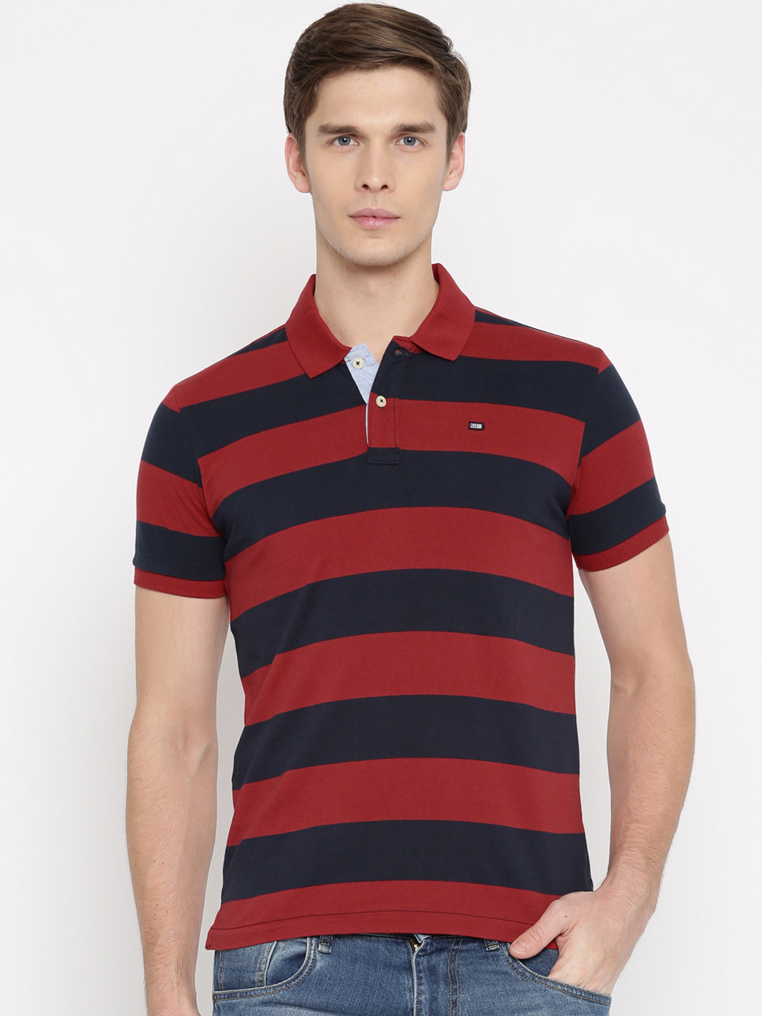 red and navy blue striped polo shirt